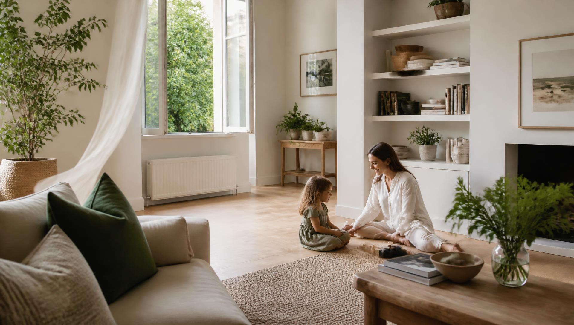 Mother and child in a bright, airy living room with fresh air and plants