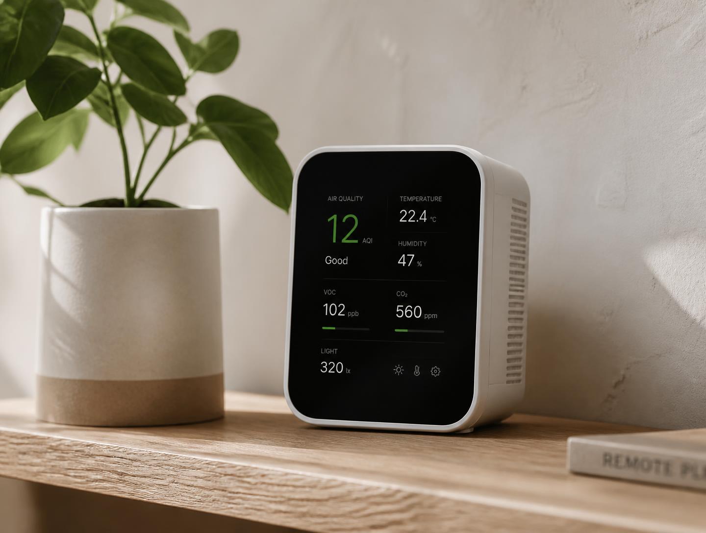 Indoor sensor showing air quality, temperature, humidity and light readings